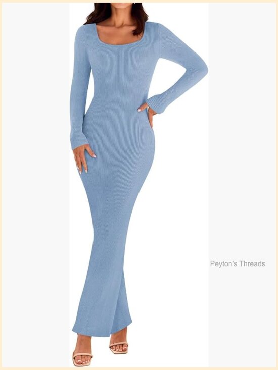 Dresses & Skirts - Long Sleeve Bodycon Sweater Dress Square Neck Ribbed Knit Maxi Dress